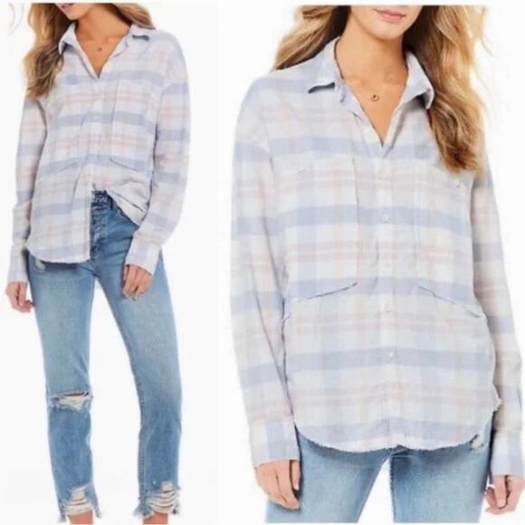 Free People Loveland Pink Blue Plaid Frayed Hem Button Down Shirt Size M - Picture 1 of 6